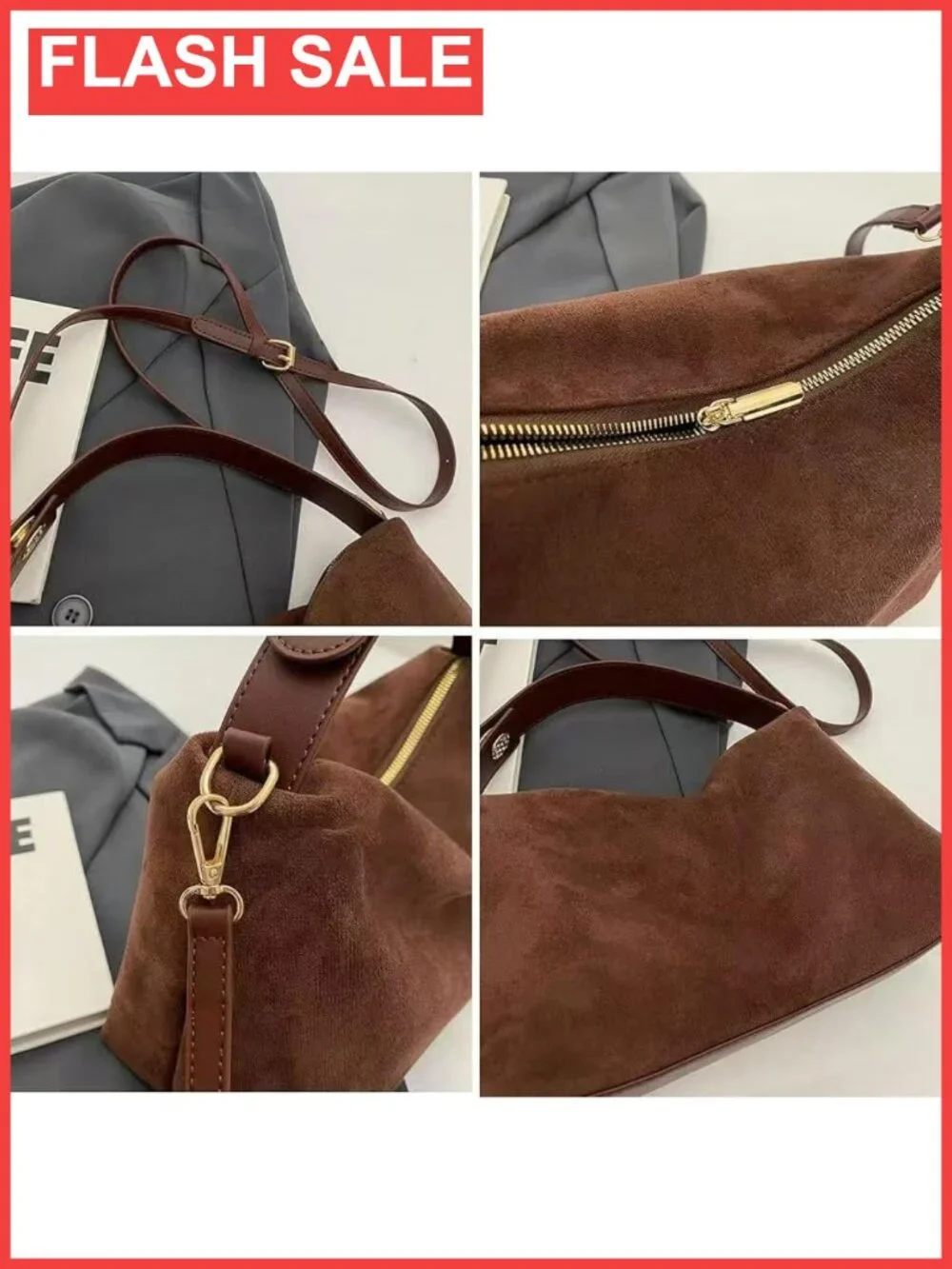 Faux Suede Slouchy Hobo Shoulder Bag Crossbody Satchel Tote Handbag Purse